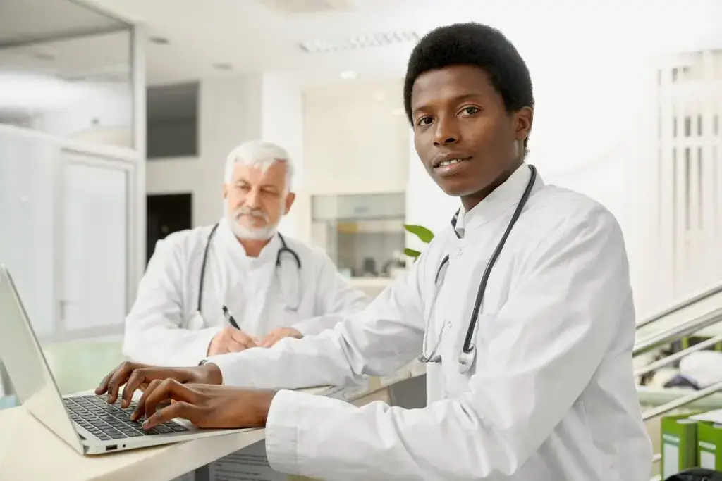 multicultural doctors on reception