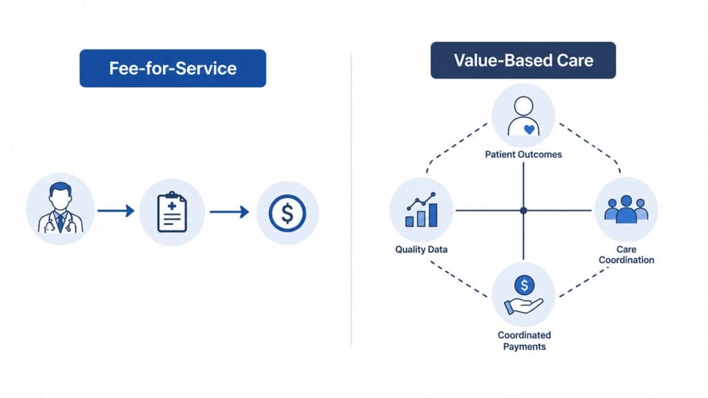 fee-for-service vs value-based care billing payment flow comparison infographic