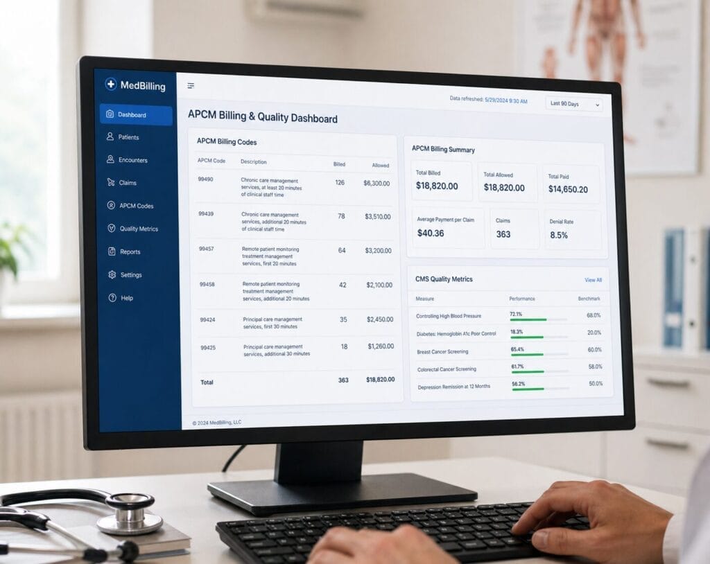 APCM value-based care billing codes on medical office computer screen