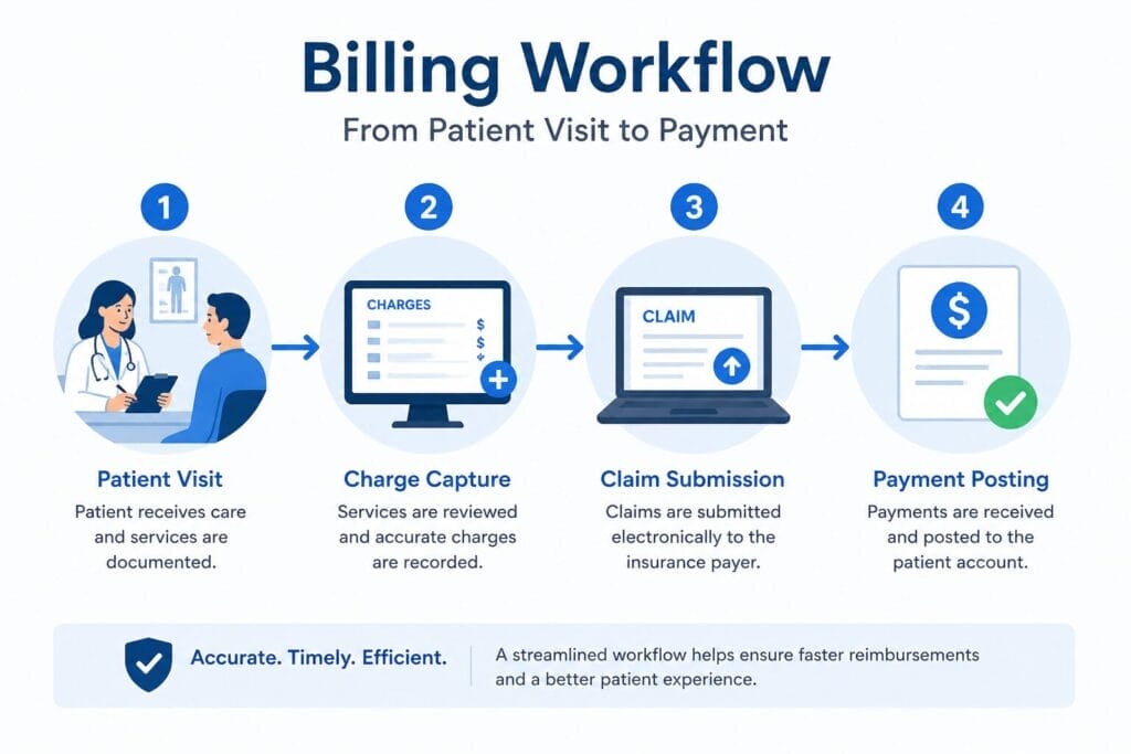 Illustration showing the outsourced medical billing workflow from patient visit to payment posting