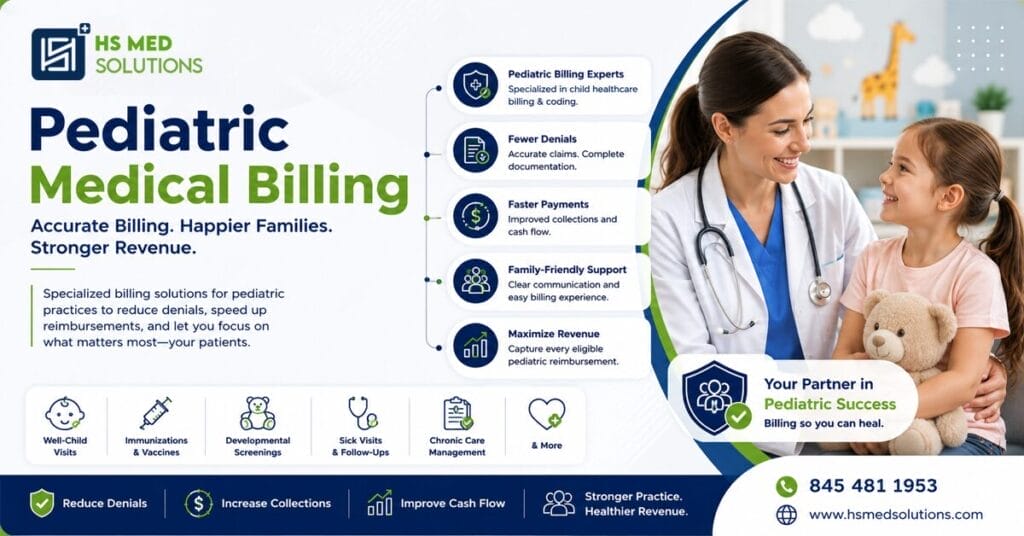 Pediatric medical billing dashboard tracking claim denials and collections