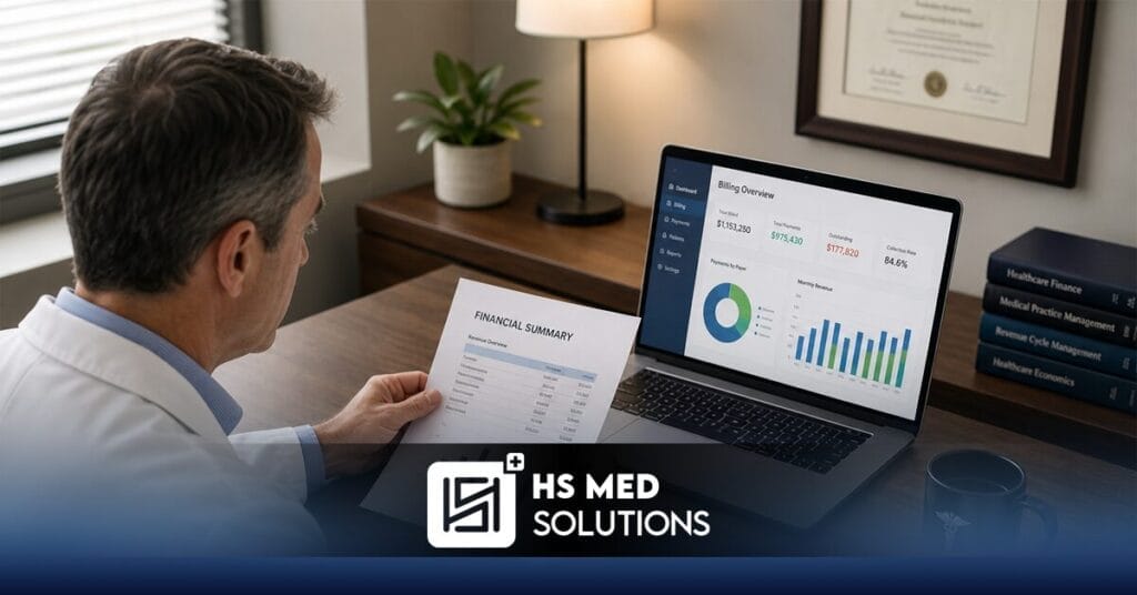 Healthcare provider reviewing outsourced medical billing reports at their desk