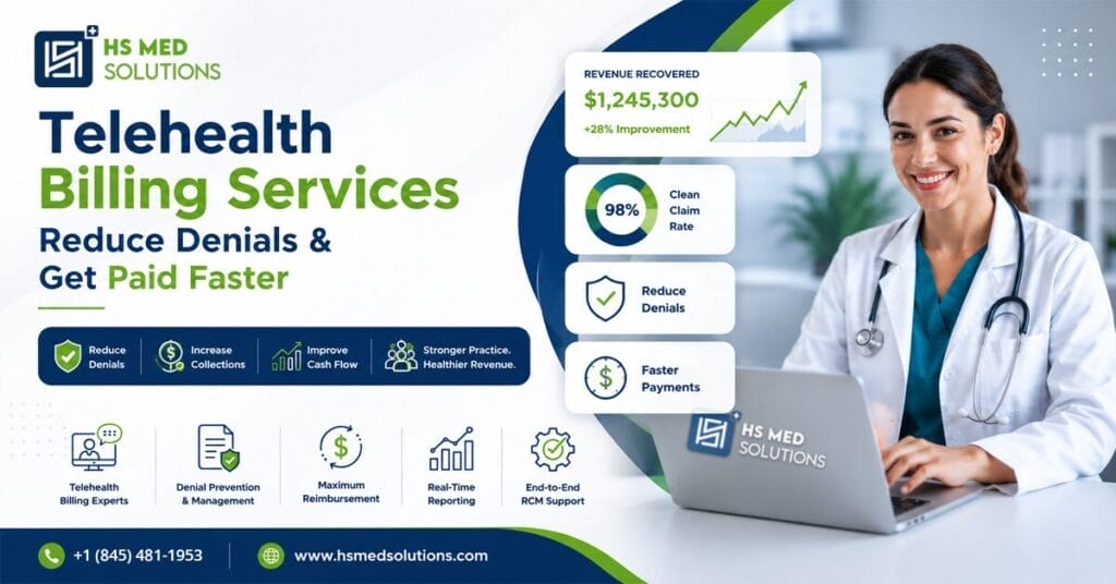 Healthcare billing specialist managing telehealth billing services at HS MED Solutions, reviewing CPT codes on dual monitors