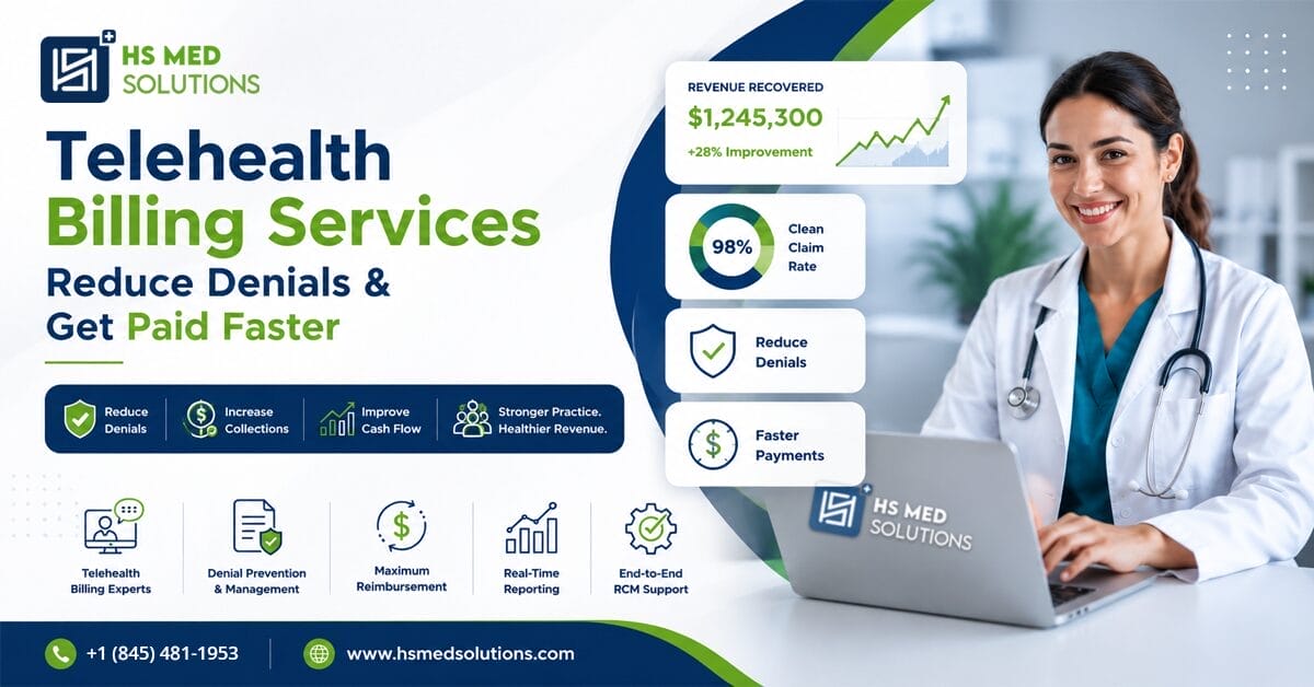 Healthcare billing specialist managing telehealth billing services at HS MED Solutions, reviewing CPT codes on dual monitors