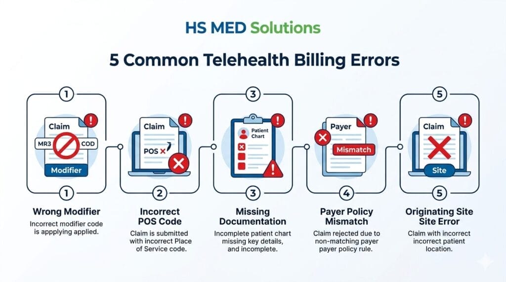 Infographic showing 5 common telehealth billing errors including wrong modifiers, incorrect POS codes, and documentation gaps