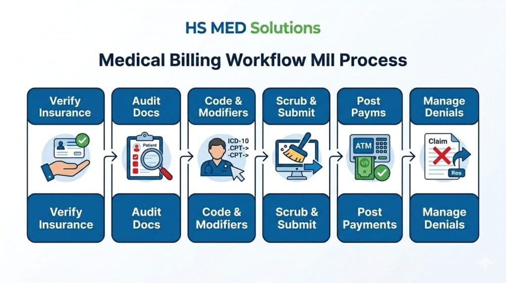 HS MED Solutions 6-step telehealth billing process from insurance verification to denial management
