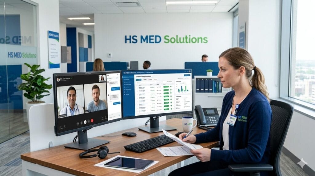 Healthcare billing specialist managing telehealth billing services at HS MED Solutions, reviewing CPT codes on dual monitors