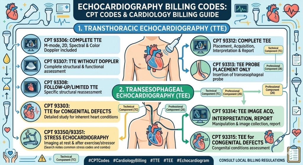 Electrocardiography (ECG/EKG) CPT Codes Electrocardiography codes are among the most frequently billed in cardiology. They are also among the most frequently miscoded because the distinction between the complete service, technical component, and professional component creates ongoing confusion. Therefore, every cardiology team must understand exactly which ECG codes to use in which clinical scenario. CPT Code Description Key Billing Note 93000 ECG with at least 12 leads; complete service (tracing + interpretation + report) Use when cardiologist performs AND interprets the ECG in the same setting 93005 ECG tracing and recording only (technical component) Use when a technician performs the tracing and a separate provider interprets 93010 ECG interpretation and report only (professional component) Use when cardiologist interprets an ECG performed elsewhere — do not add modifier 26 separately 93040 Rhythm ECG with interpretation and report Typically for shorter rhythm strip; used for arrhythmia monitoring 93041 Rhythm ECG tracing only Technical component only for rhythm strip 93042 Rhythm ECG interpretation and report only Professional component only for rhythm strip Audit Alert: Never bill 93000 and 93010 on the same date for the same patient. Code 93000 already includes the interpretation. Billing both creates a duplicate billing error and triggers NCCI edit violations. Furthermore, if your practice bills ECGs performed in the office but sent to a remote cardiologist for interpretation, split the billing: 93005 for the office (technical) and 93010 for the interpreting cardiologist (professional). This is one of the most common ECG billing errors in multi-provider cardiology practices.