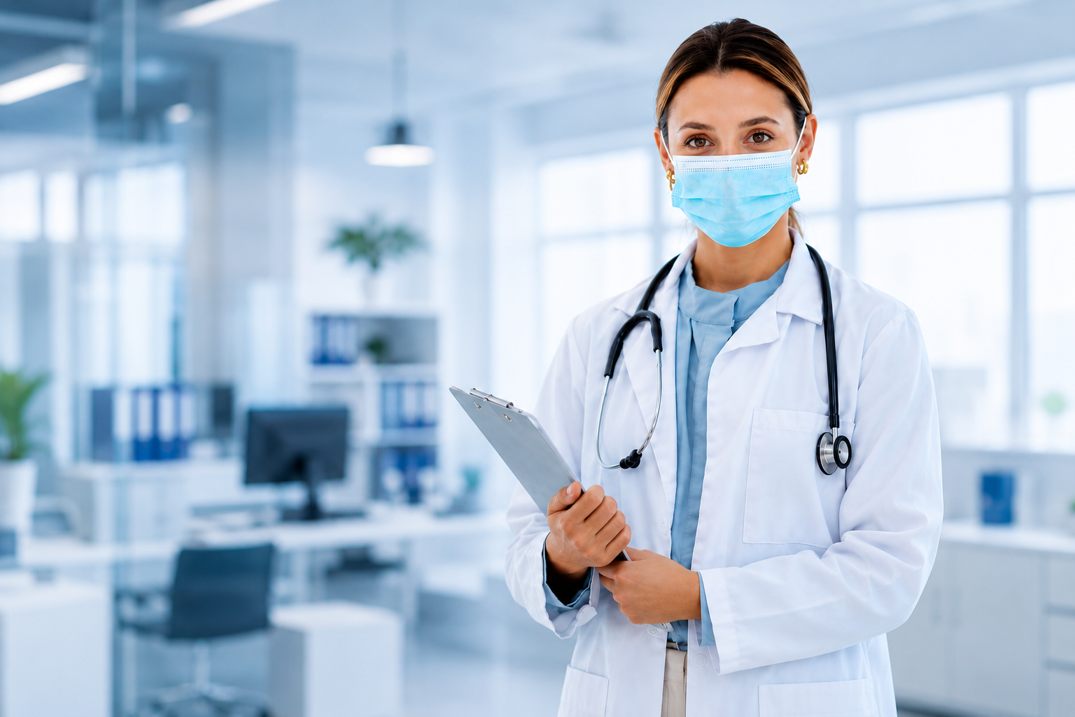 Physician with a stethoscope holding a clipboard in a modern clinic